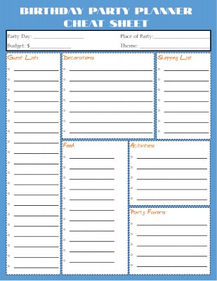 Planner Cheat Sheet - Birthday Party Blue